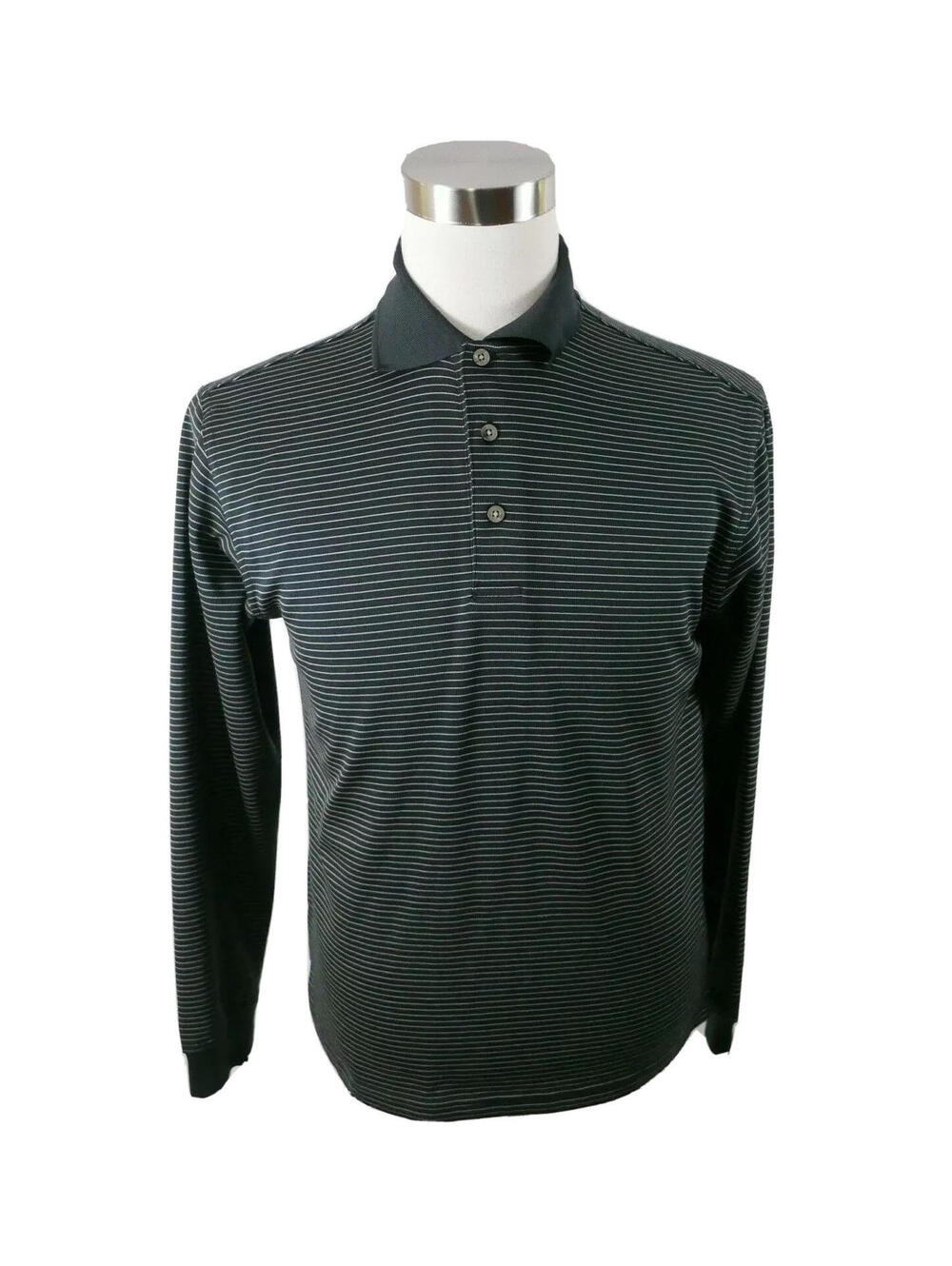 Top Flite Mens Black Pin Striped Activewear Polo Shirt Small Long Sleeve